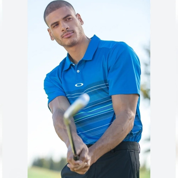 Oakley Men's Regular Fit High Crest Blue Striped Short Sleeve Golf Polo Large - Picture 16 of 16